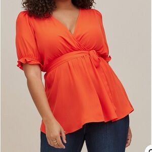 Torrid Georgette Surplice Puff Sleeve Blouse Orange Size 0 (Large)